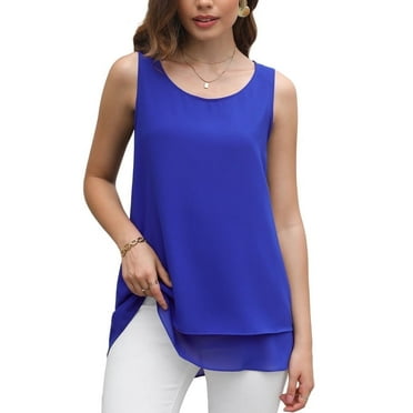 Uvplove Women's Sleeveless Chiffon Tank Top Double Layers Casual Blouse Tunic,Royal Blue,L
