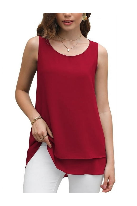 Women's Sleeveless Chiffon Tank Top Double Layers Casual Blouse Tunic,Wine Red,2XL