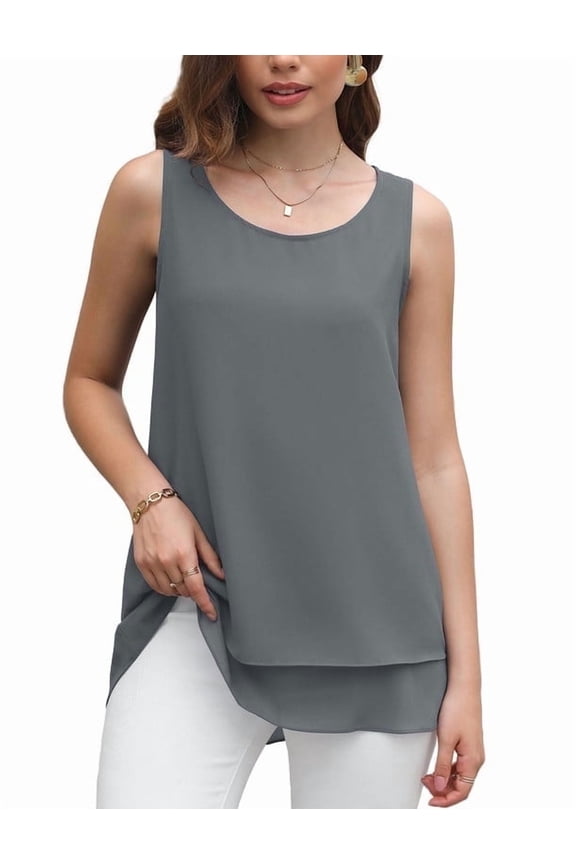 Women's Sleeveless Chiffon Tank Top Double Layers Casual Blouse Tunic,Grey,S