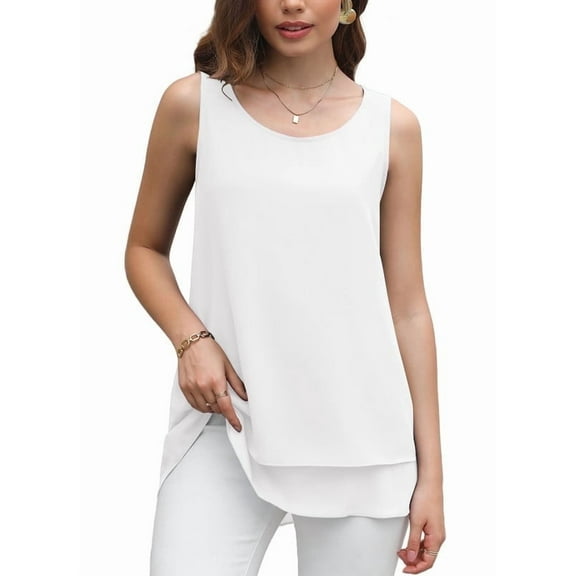 Uvplove Women's Sleeveless Chiffon Tank Top Double Layers Casual Blouse Tunic,White,S-3XL
