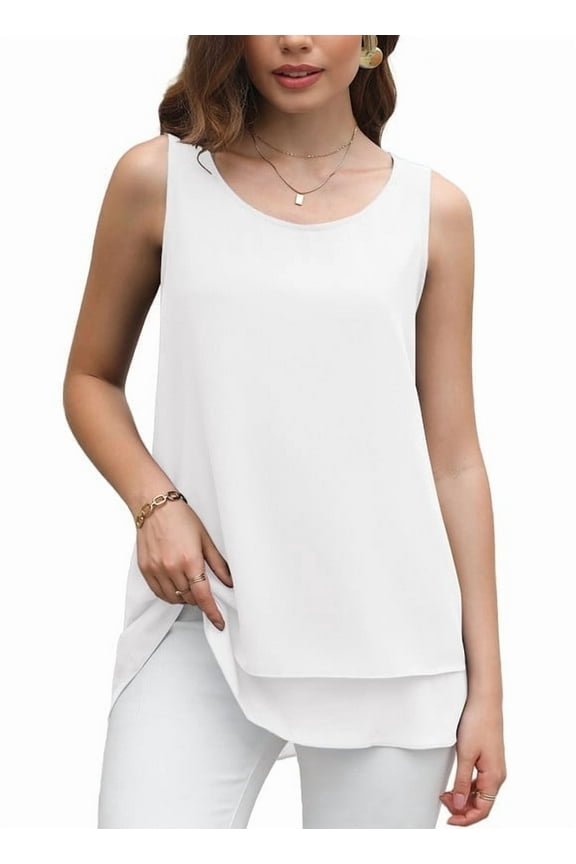 Women's Sleeveless Chiffon Tank Top Double Layers Casual Blouse Tunic,White,S-3XL