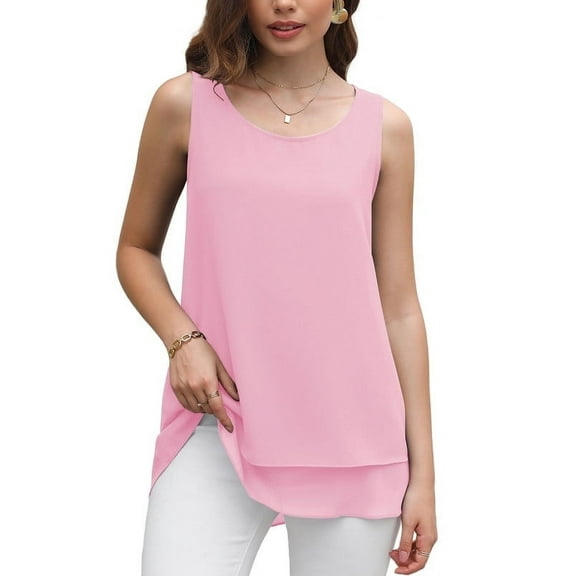 Uvplove Women's Sleeveless Chiffon Tank Top Double Layers Casual Blouse Tunic,Pink,XL