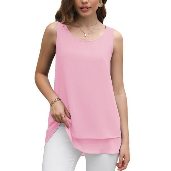 Uvplove Women's Sleeveless Chiffon Tank Top Double Layers Casual Blouse Tunic,Pink,M