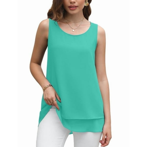 Uvplove Women's Sleeveless Chiffon Tank Top Double Layers Casual Blouse Tunic,Light Green,L