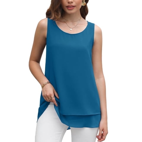 Uvplove Women's Sleeveless Chiffon Tank Top Double Layers Casual Blouse Tunic,Blue,2XL
