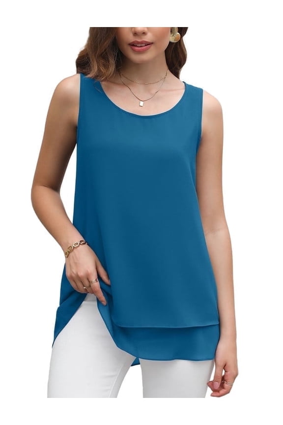 Women's Sleeveless Chiffon Tank Top Double Layers Casual Blouse Tunic,Blue,L
