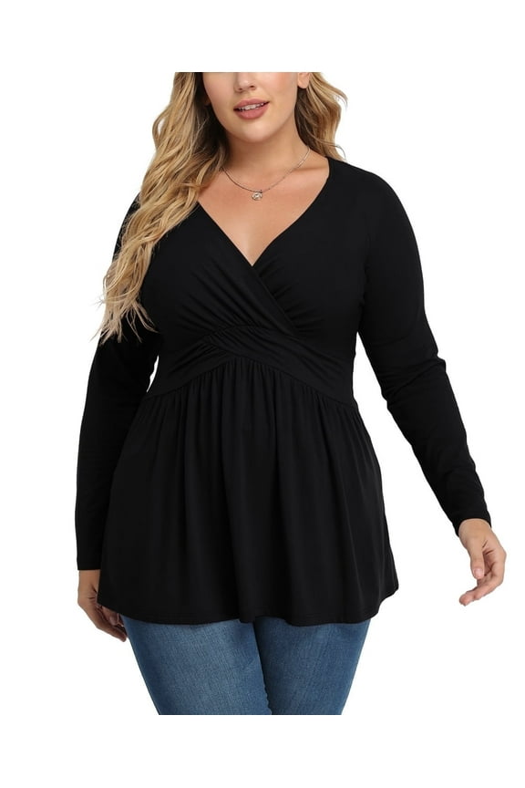 Women's Spring Plus Size V-Neck Tunic Tops Casual Loose Long Sleeve Blouses with Pleated,US L-4XL in Black