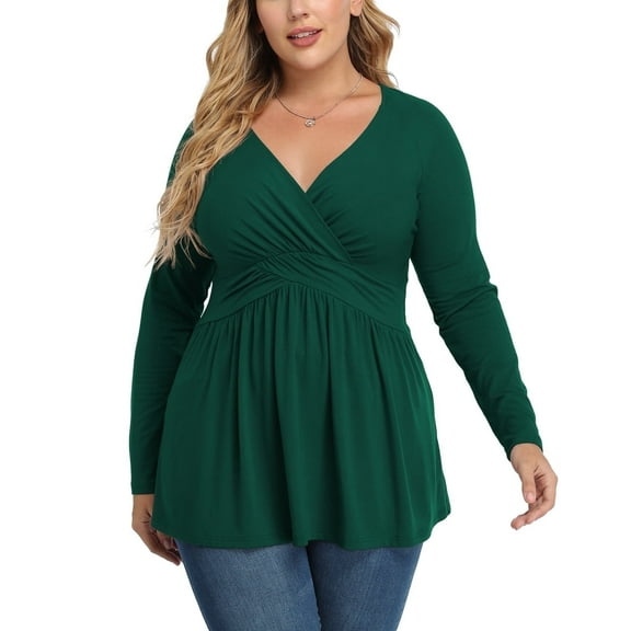 Uvplove Women's Spring Plus Size V-Neck Tunic Tops Casual Loose Long Sleeve Blouses with Pleated,US L-4XL in Dark Green