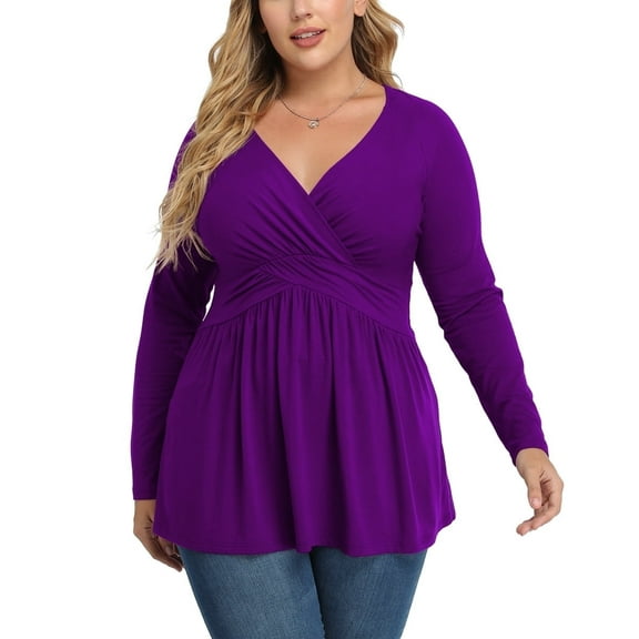 Uvplove Women's Spring Plus Size V-Neck Tunic Tops Casual Loose Long Sleeve Blouses with Pleated,US L-4XL in Purple
