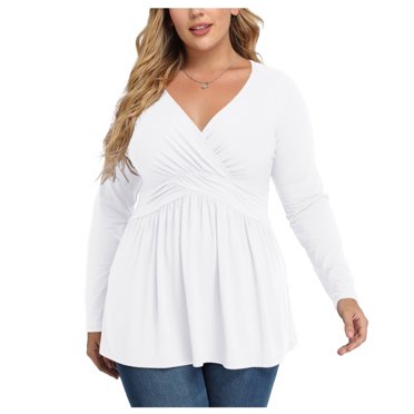 A.Jesdani Plus Size Floral Tunic Top - Long Sleeve V-Neck Henley Shirt For Women (White, 4X)