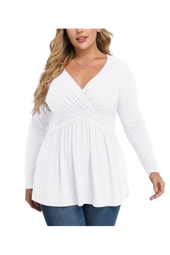Women's Spring Plus Size V-Neck Tunic Tops Casual Loose Long Sleeve Blouses with Pleated,US L-4XL in White