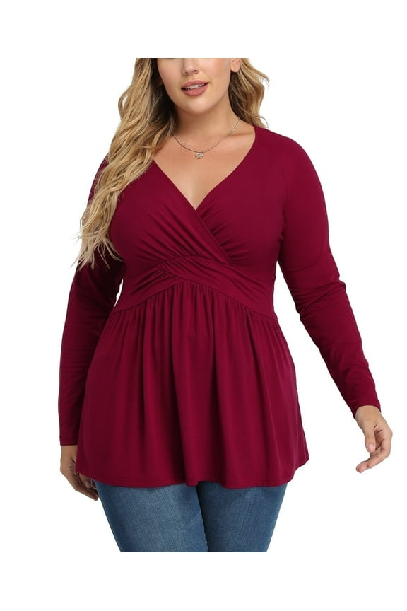 Women's Spring Plus Size V-Neck Tunic Tops Casual Loose Long Sleeve Blouses with Pleated,US L-4XL in Wine Red