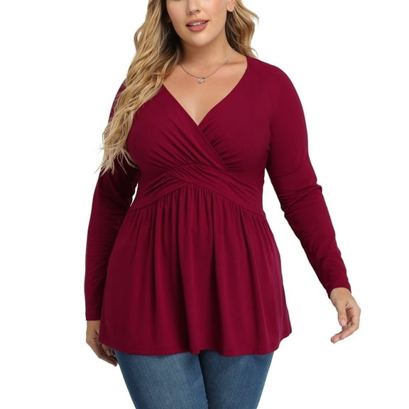 Uvplove Women's Spring Plus Size V-Neck Tunic Tops Casual Loose Long Sleeve Blouses with Pleated,US L-4XL in Wine Red