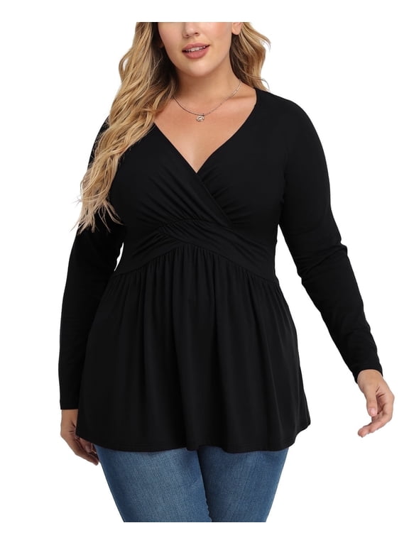 Women's Spring Plus Size V-Neck Tunic Tops Casual Loose Long Sleeve Blouses with Pleated,US L-4XL in Black