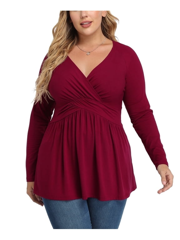 Women's Spring Plus Size V-Neck Tunic Tops Casual Loose Long Sleeve Blouses with Pleated,US L-4XL in Wine Red