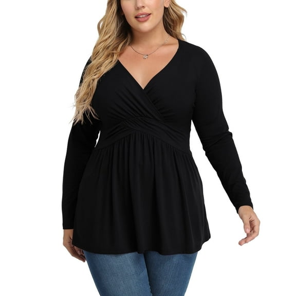 Uvplove Women's Spring Plus Size V-Neck Tunic Tops Casual Loose Long Sleeve Blouses with Pleated,US L-4XL in Black