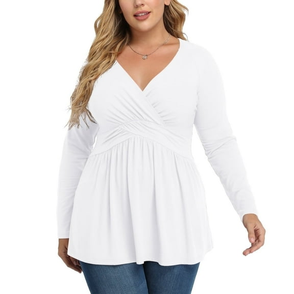 Uvplove Women's Spring Plus Size V-Neck Tunic Tops Casual Loose Long Sleeve Blouses with Pleated,US L-4XL in White