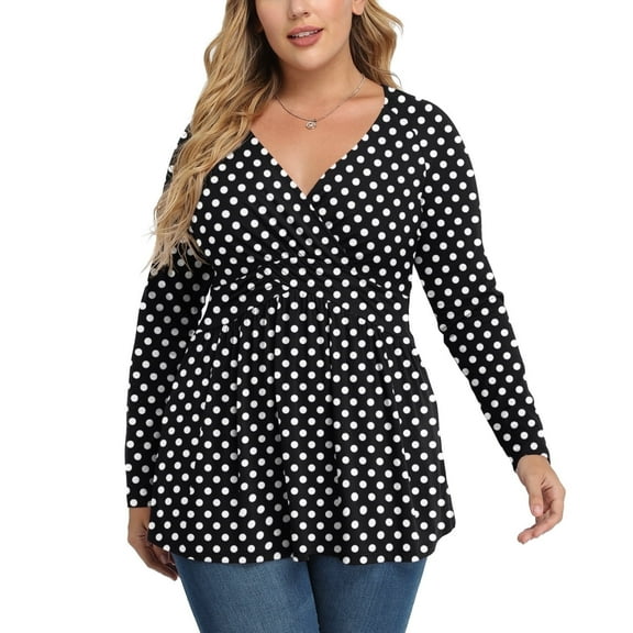 Uvplove Women's Spring Plus Size V-Neck Tunic Tops Casual Loose Long Sleeve Floral Print Blouses with Pleated,US L-4XL in F Black Dot