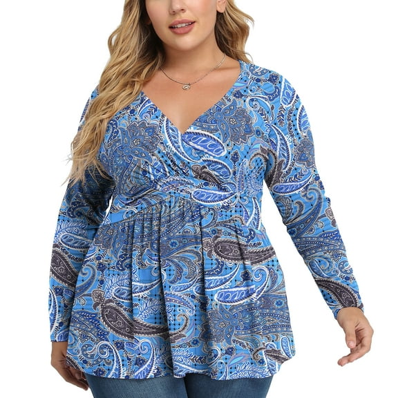 Uvplove Women's Spring Plus Size V-Neck Tunic Tops Casual Loose Long Sleeve Floral Print Blouses with Pleated,US L-4XL in F Cashew Green