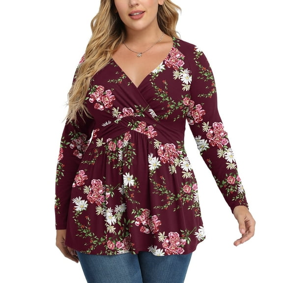 Uvplove Women's Spring Plus Size V-Neck Tunic Tops Casual Loose Long Sleeve Floral Print Blouses with Pleated,US L-4XL in F Crape Myrtle Wine