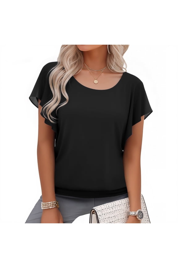 Women's Summer Loose Casual Short Sleeve Chiffon Top T-Shirt Blouse,Black,S