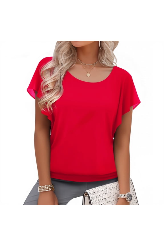 Women's Summer Loose Casual Short Sleeve Chiffon Top T-Shirt Blouse,Bright Red,M