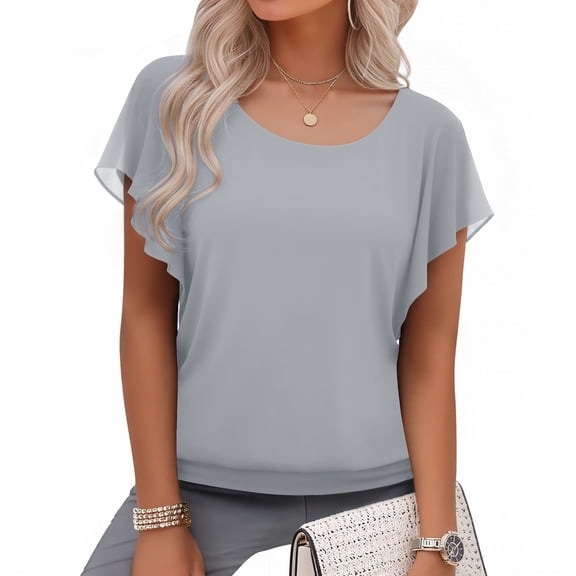 Uvplove Women's Summer Loose Casual Short Sleeve Chiffon Top T-Shirt Blouse,Grey,M