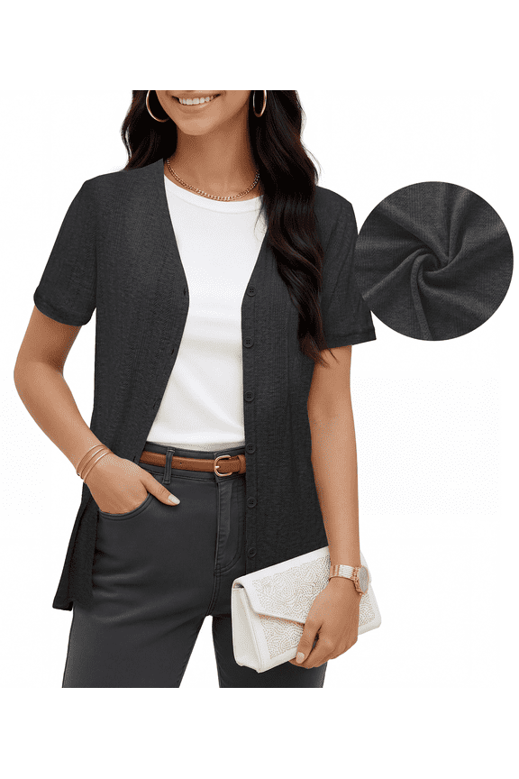 Women's Summer Short Sleeve Cardigan Lightweight V-Neck Shrugs,Black,M