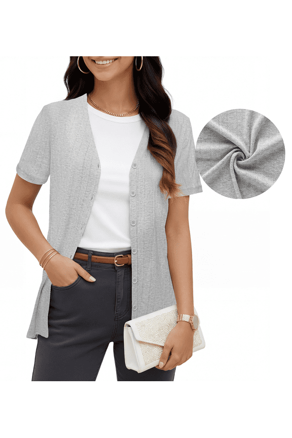 Women's Summer Short Sleeve Cardigan Lightweight V-Neck Shrugs,Dark Gray,M