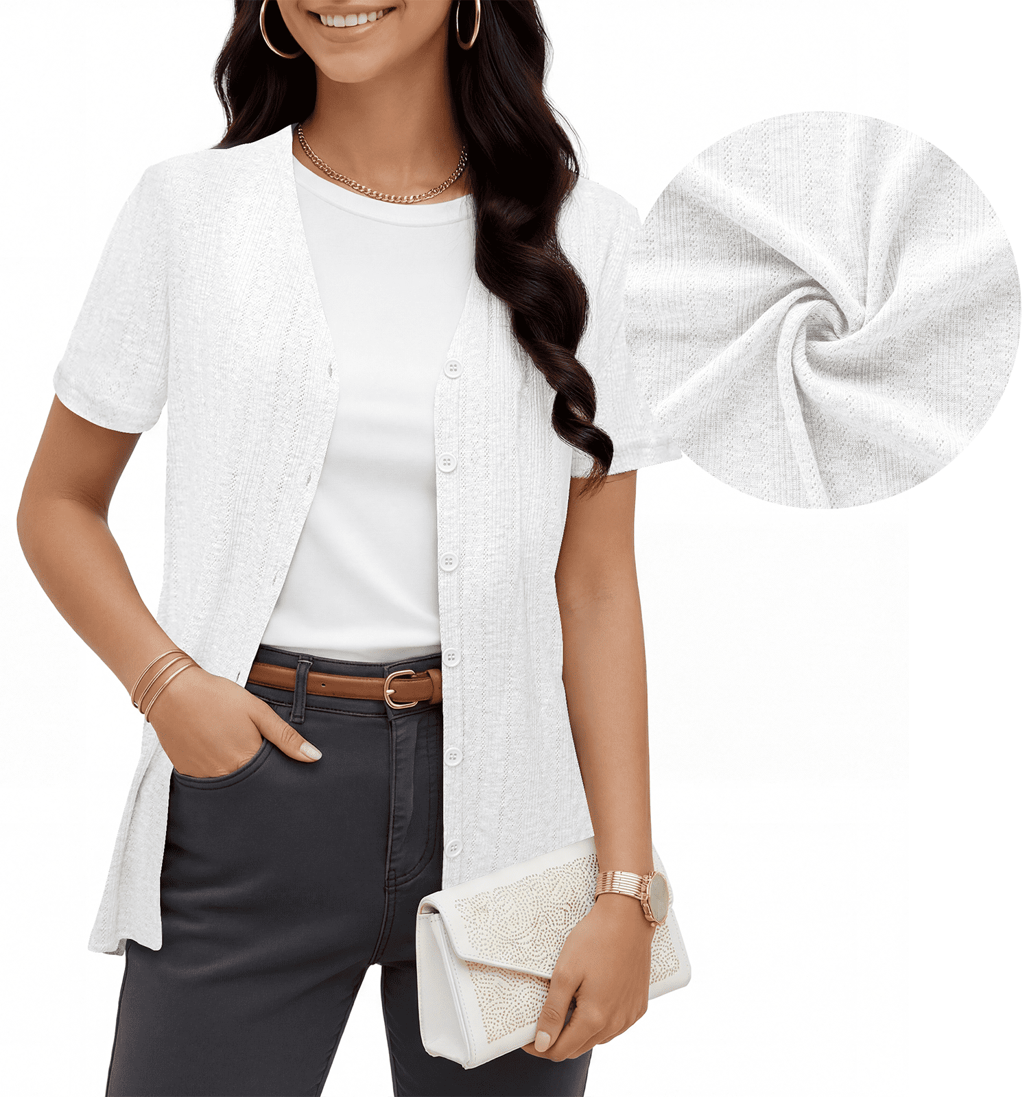 Women's Summer Short Sleeve Cardigan Lightweight V-Neck Shrugs,White,L