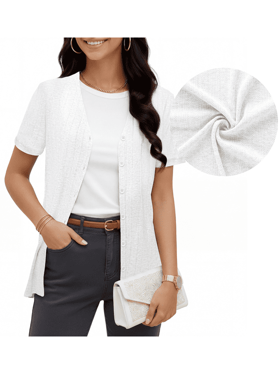 Women's Summer Short Sleeve Cardigan Lightweight V-Neck Shrugs,White,L