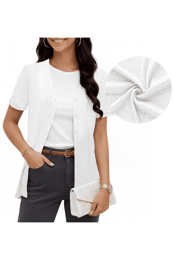 Women's Summer Short Sleeve Cardigan Lightweight V-Neck Shrugs,White,XL