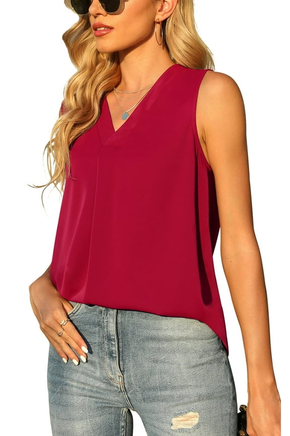 Women's Summer Sleeveless Chiffon Tank Tops Loose Casual V Neck Shirt Red S-2XL