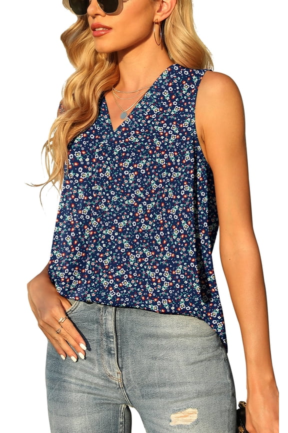 Women's Summer Sleeveless Chiffon Tank Tops Loose Casual V Neck Shirt Flower Navy Blue S-2XL