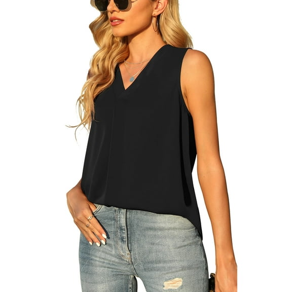 Uvplove Women's Summer Sleeveless Chiffon Tank Tops Loose Casual V Neck Shirt Black S-2XL