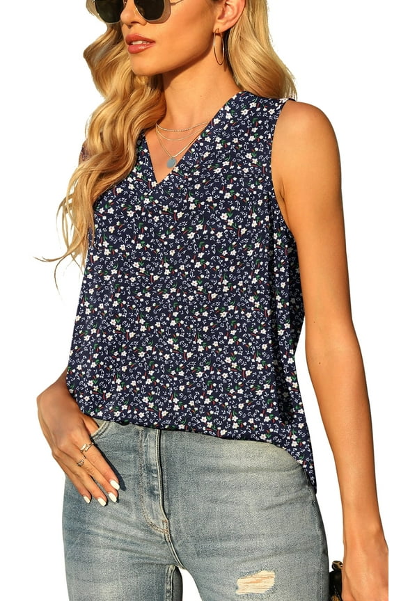 Women's Summer Sleeveless Chiffon Tank Tops Loose Casual V Neck Shirt F navy Blue S-2XL