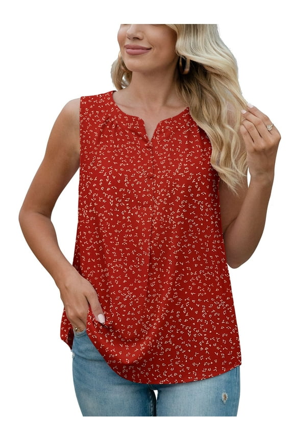 Women's Summer Sleeveless Chiffon Tank Tops Blouses Work Casual V Neck Button Blouses Shirts Tops,US Size Large In Flower Wine Red