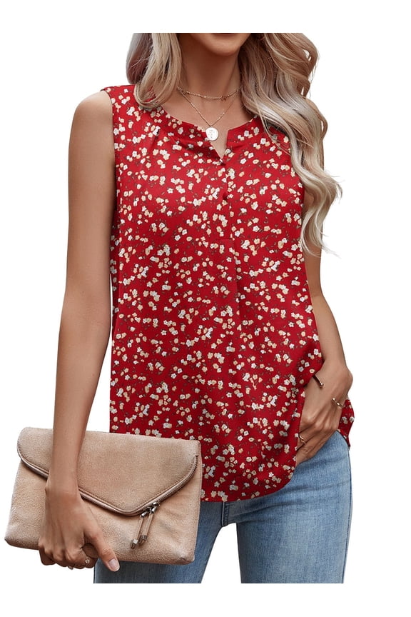 Women's Summer Sleeveless Chiffon Tank Tops Blouses Work Casual V Neck Button Blouses Shirts Tops,US Size Large In MM F Red