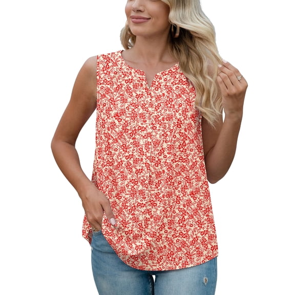 Uvplove Women's Summer Sleeveless Chiffon Tank Tops Blouses Work Casual V Neck Button Blouses Shirts Tops,US Size Large In Red Print