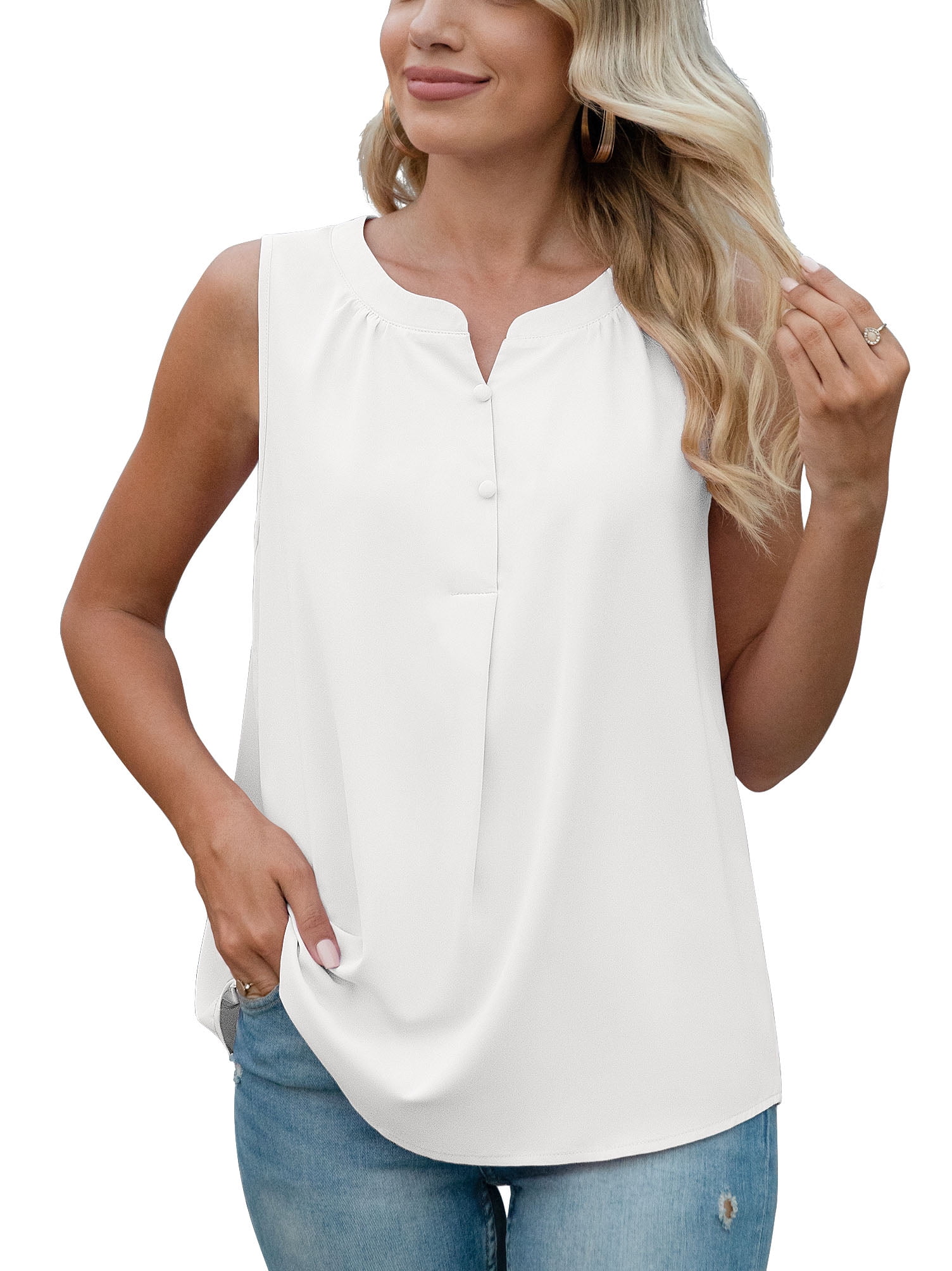 Uvplove Women's Summer Sleeveless Chiffon Tank Tops Blouses Work Casual V  Neck Button Blouses Shirts Tops,US Size Large In White