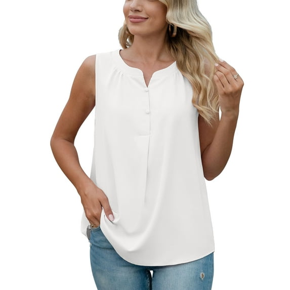 Uvplove Women's Summer Sleeveless Chiffon Tank Tops Blouses Work Casual V Neck Button Blouses Shirts Tops,US Size Large In White