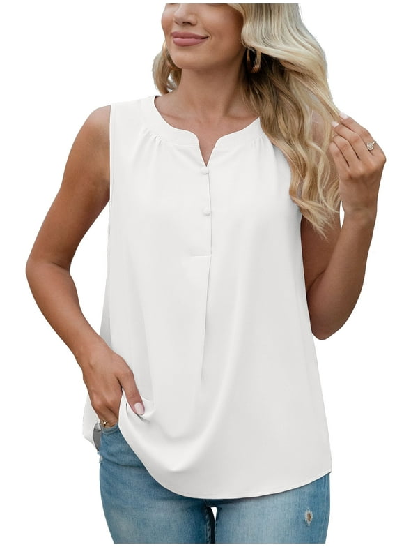 Women's Summer Sleeveless Chiffon Tank Tops Blouses Work Casual V Neck Button Blouses Shirts Tops,US Size Large In White