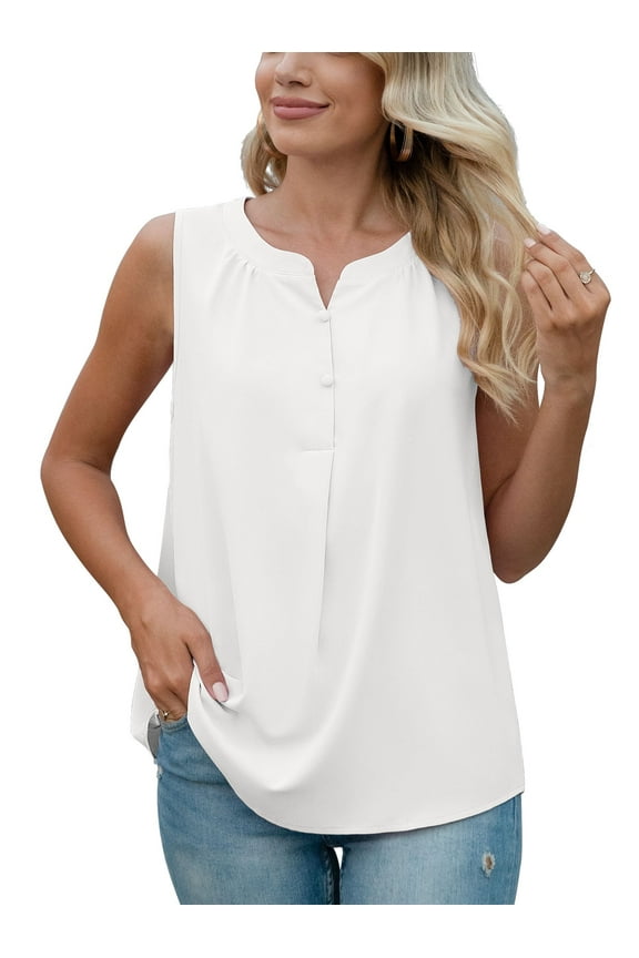 Women's Summer Sleeveless Chiffon Tank Tops Blouses Work Casual V Neck Button Blouses Shirts Tops,US Size Large In White