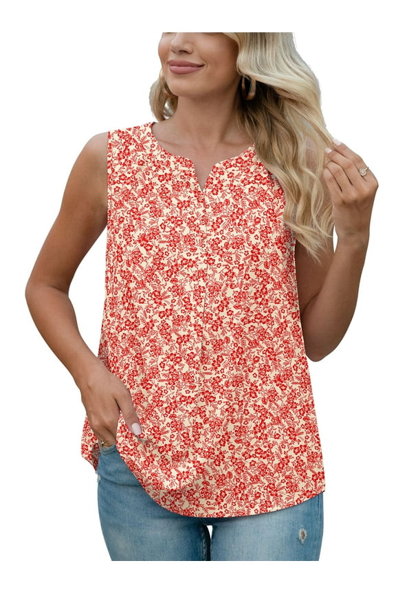 Women's Summer Sleeveless Chiffon Tank Tops Blouses Work Casual V Neck Button Blouses Shirts Tops,US Size Small In Red Print