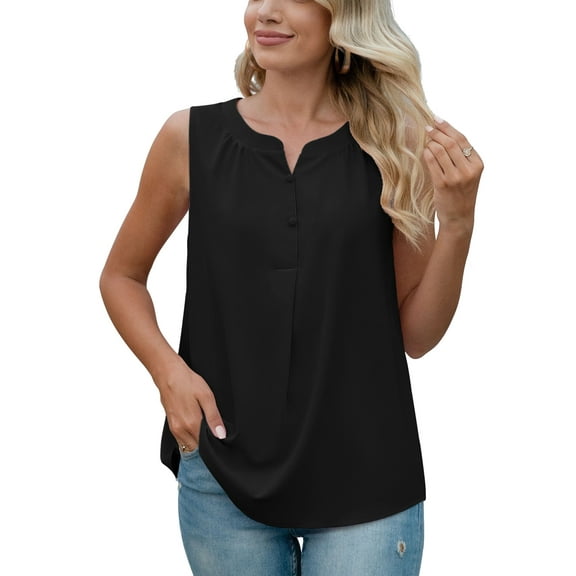 Uvplove Women's Summer Sleeveless Chiffon Tank Tops Blouses Work Casual V Neck Button Blouses Shirts Tops,US Size X-Large In Black