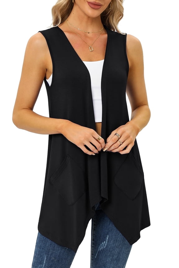 Women's Summer Sleeveless Soft Knit Cardigan with Pockets High Low Drape Front Open Cardigan Blouse,Black,3XLarge