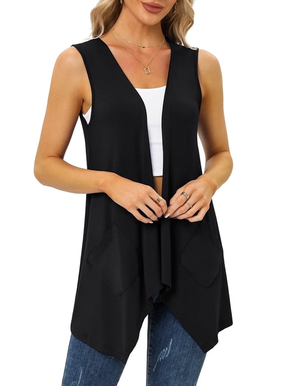 Women's Summer Sleeveless Soft Knit Cardigan with Pockets High Low Drape Front Open Cardigan Blouse,Black,XXLarge