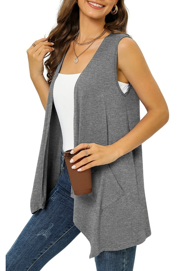 Women's Summer Sleeveless Soft Knit Cardigan with Pockets High Low Drape Front Open Cardigan Blouse,Dark_Grey,3XLarge