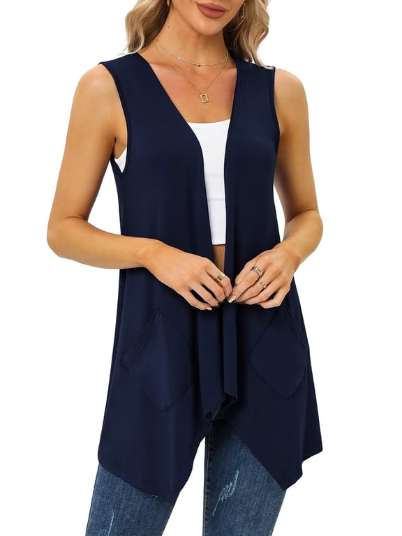 Women's Summer Sleeveless Soft Knit Cardigan with Pockets High Low Drape Front Open Cardigan Blouse,Navy_Blue,Large