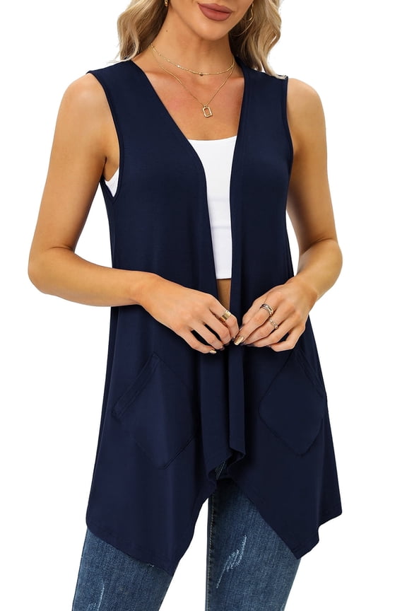 Women's Summer Sleeveless Soft Knit Cardigan with Pockets High Low Drape Front Open Cardigan Blouse,Navy_Blue,S
